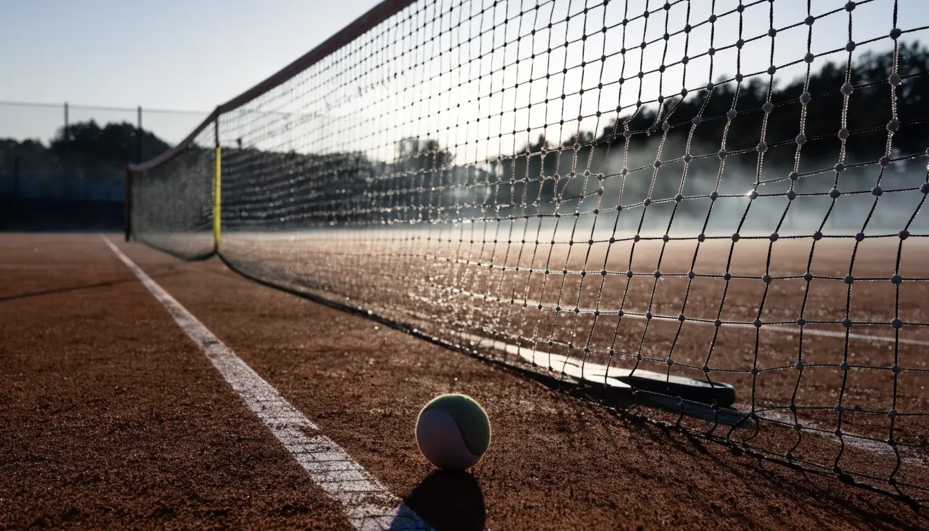 Ein Tennisplatz im Morgengrauen, das Netz und die Linien liegen im Tau, im Hintergrund leichter Nebel und kein Mensch zu sehen.