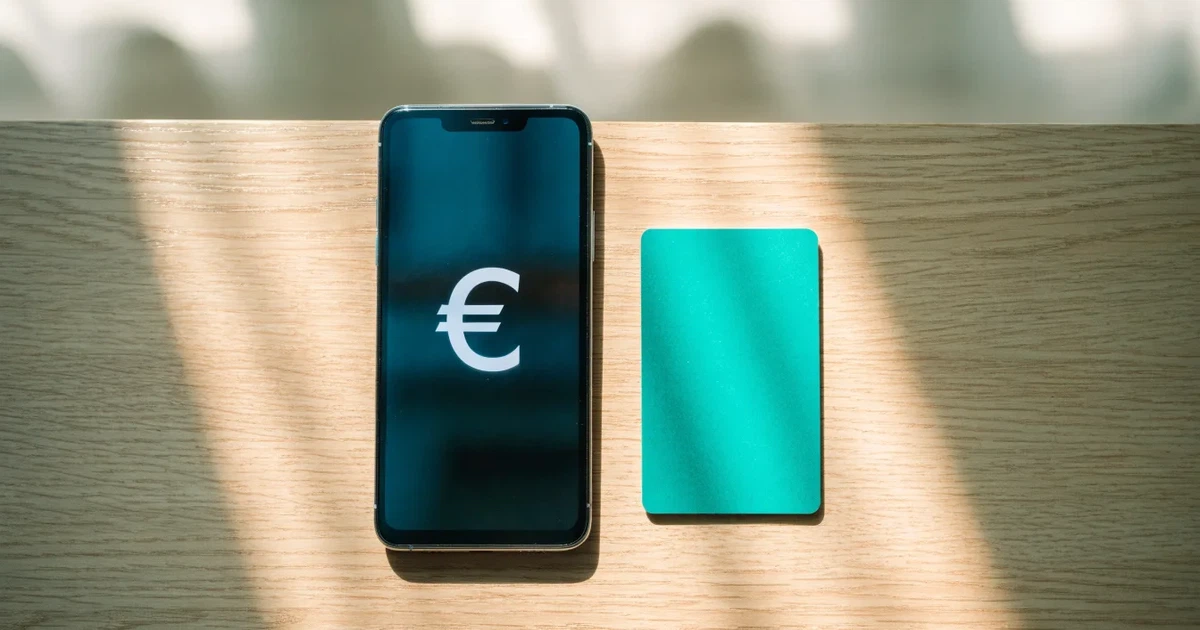 Ein Smartphone mit dunklem Display liegt neben einer schlichten Plastikkarte ohne Aufdruck auf einem hellen Schreibtisch.