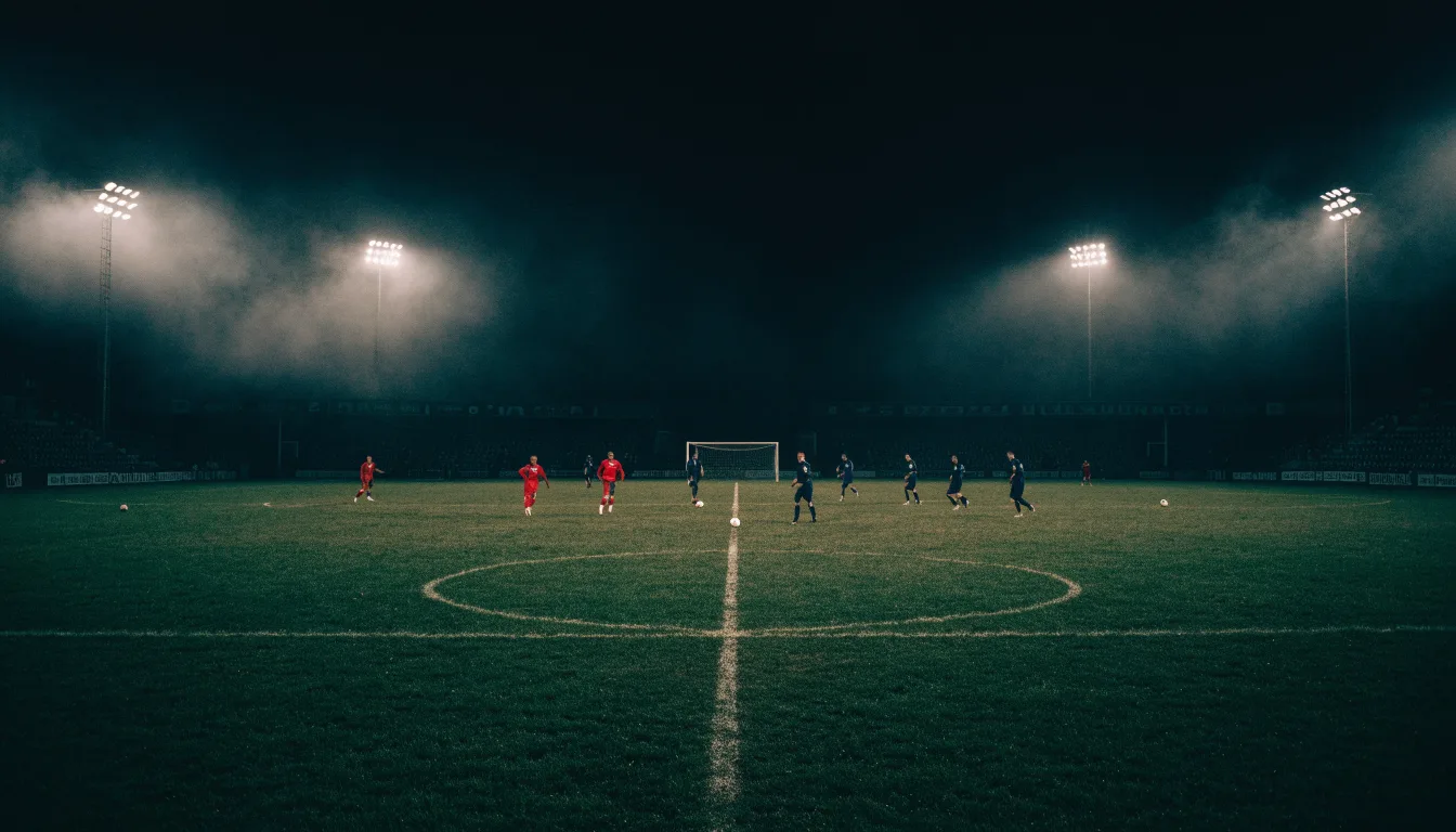 Ein Stadion unter Flutlicht, aus großer Entfernung über eine dunkle Wiese fotografiert, am Himmel zieht Nebel auf.
