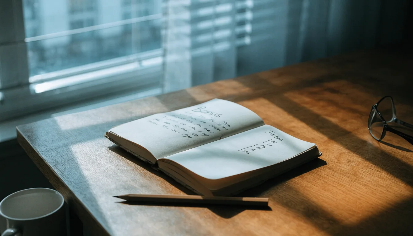 Ein Notizbuch mit handschriftlichen Notizen und ein Bleistift liegen auf einem Schreibtisch am Fenster, draußen fällt Morgenlicht herein.
