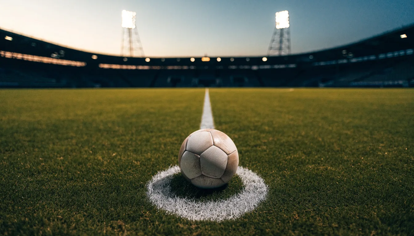 Ein Fußball liegt auf dem Anstoßpunkt eines leeren Rasenplatzes, im Hintergrund steht ein Stadion unter Flutlicht in der Dämmerung.