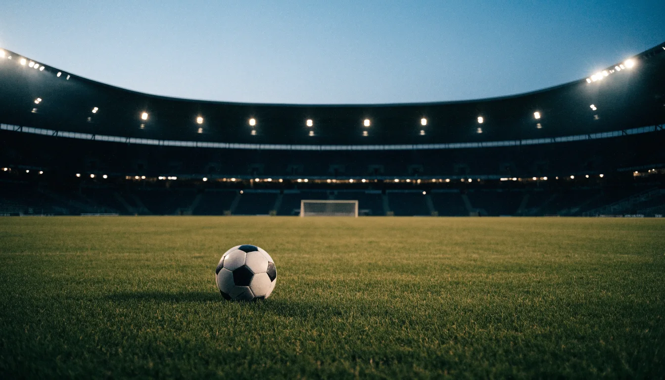 Ein Fußball liegt auf dem Rasen eines leeren Platzes, im Hintergrund ein Stadion unter Flutlicht in der Abenddämmerung.