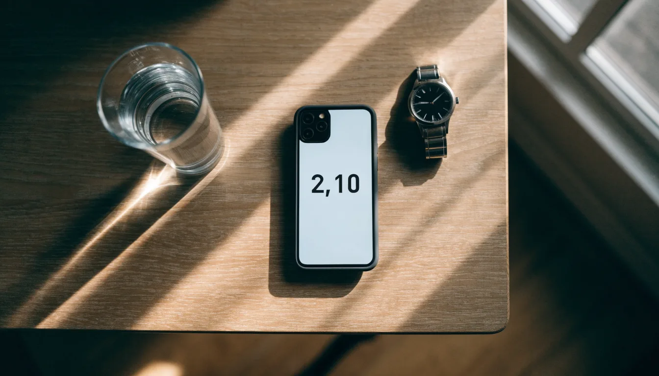 Ein Smartphone liegt mit dem Display nach unten auf einem Küchentisch, daneben stehen ein Glas Wasser und eine Armbanduhr.