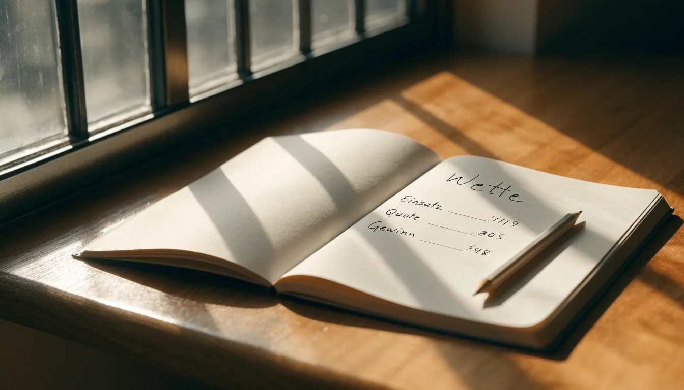 Ein Notizbuch mit handschriftlichen Notizen und ein Bleistift liegen auf einem Schreibtisch am Fenster, draußen fällt Morgenlicht herein.