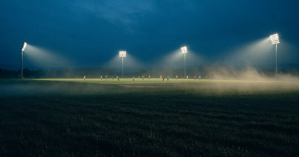 Ein Stadion unter Flutlicht, aus großer Entfernung über eine dunkle Wiese fotografiert, am Himmel zieht Nebel auf.