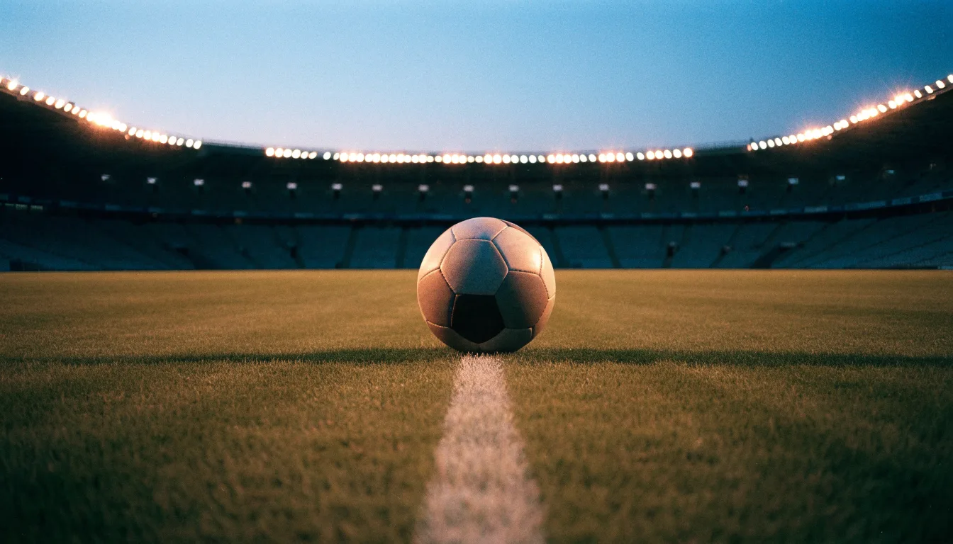 Ein Fußball liegt auf dem Anstoßpunkt eines leeren Rasenplatzes, im Hintergrund steht ein Stadion unter Flutlicht in der Dämmerung.