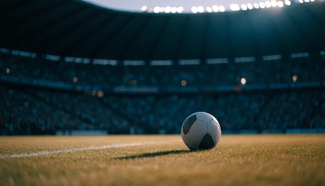 Ein Fußball liegt auf dem Rasen eines leeren Platzes, im Hintergrund ein Stadion unter Flutlicht in der Abenddämmerung.
