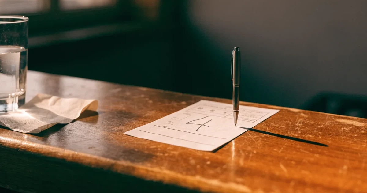 Ein leerer Wettschein aus Papier liegt neben einem Stift auf einer hölzernen Theke, weiches Licht fällt von der Seite ein.