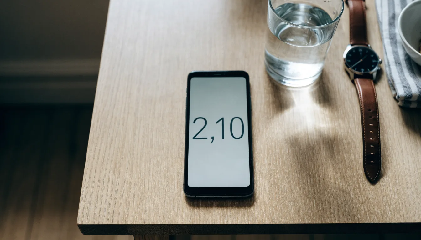 Ein Smartphone liegt mit dem Display nach unten auf einem Küchentisch, daneben stehen ein Glas Wasser und eine Armbanduhr.