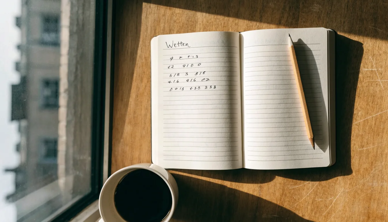 Ein Notizbuch mit handschriftlichen Notizen und ein Bleistift liegen auf einem Schreibtisch am Fenster, draußen fällt Morgenlicht herein.