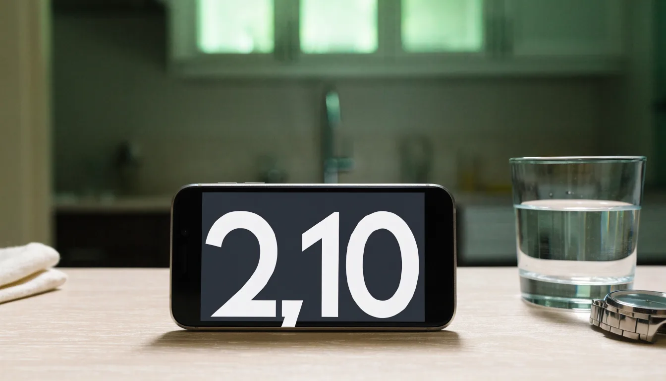 Ein Smartphone liegt mit dem Display nach unten auf einem Küchentisch, daneben stehen ein Glas Wasser und eine Armbanduhr.