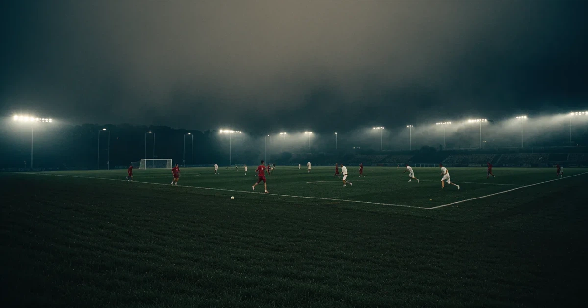 Ein Stadion unter Flutlicht, aus großer Entfernung über eine dunkle Wiese fotografiert, am Himmel zieht Nebel auf.