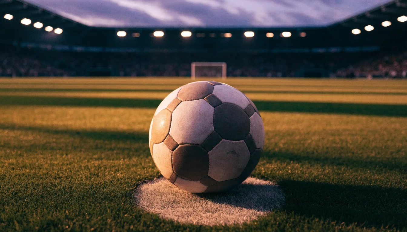 Ein Fußball liegt auf dem Anstoßpunkt eines leeren Rasenplatzes, im Hintergrund steht ein Stadion unter Flutlicht in der Dämmerung.