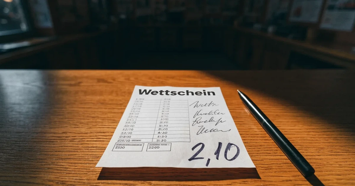 Ein leerer Wettschein aus Papier liegt neben einem Stift auf einer hölzernen Theke, weiches Licht fällt von der Seite ein.