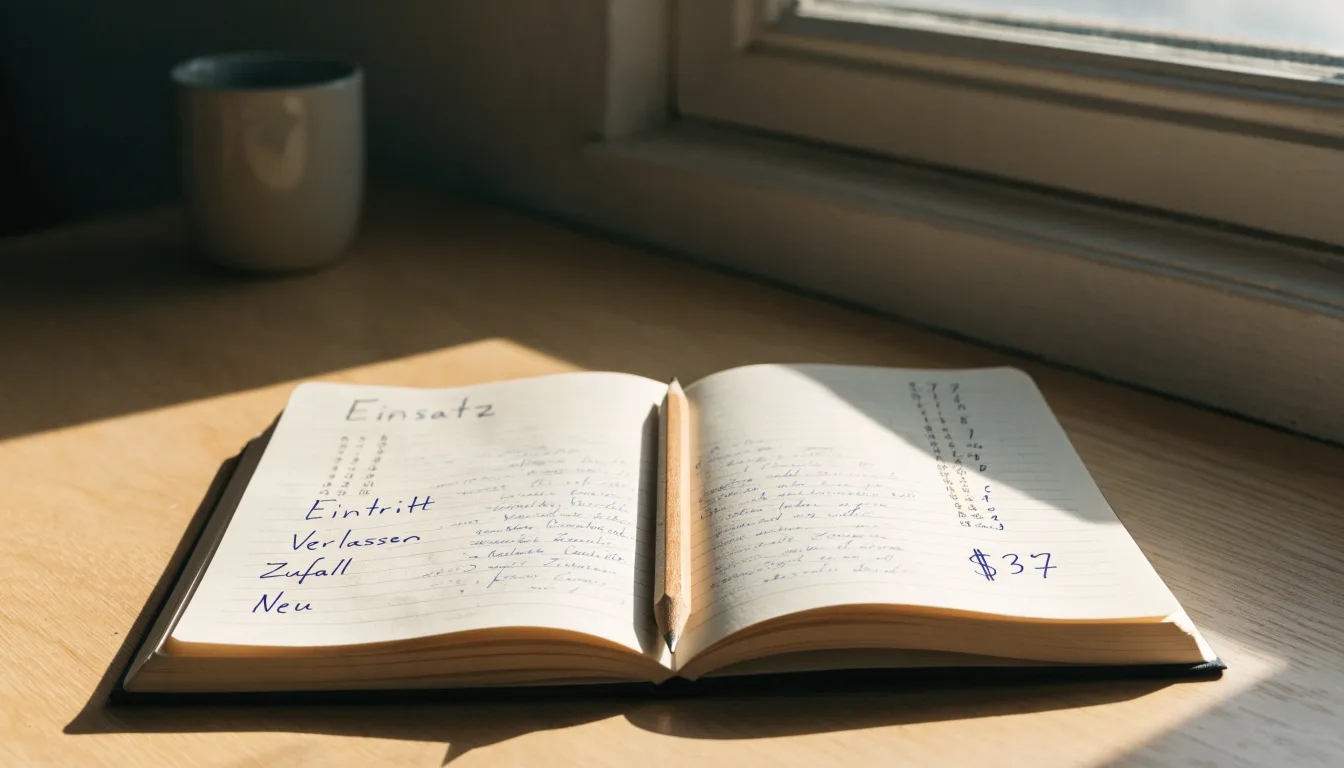 Ein Notizbuch mit handschriftlichen Notizen und ein Bleistift liegen auf einem Schreibtisch am Fenster, draußen fällt Morgenlicht herein.