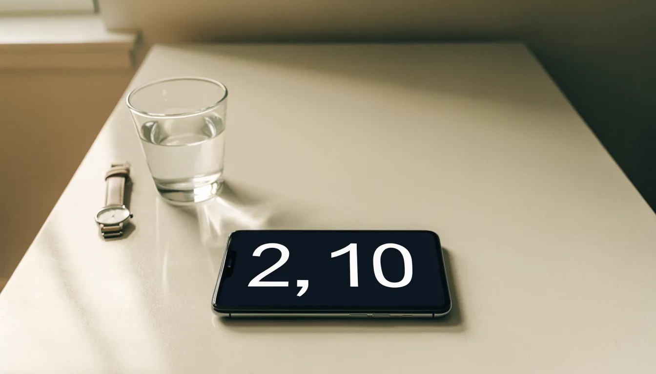 Ein Smartphone liegt mit dem Display nach unten auf einem Küchentisch, daneben stehen ein Glas Wasser und eine Armbanduhr.