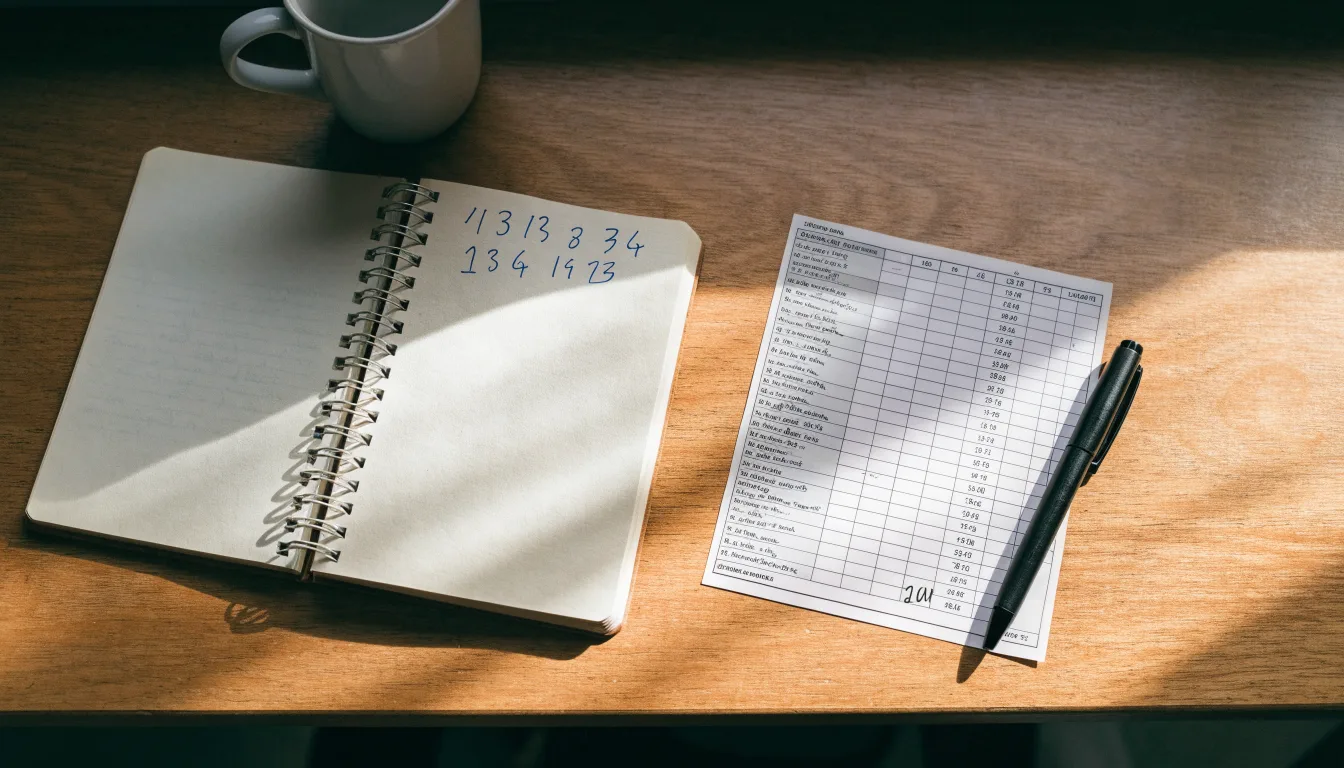 Ein Notizbuch mit handschriftlichen Rechnungen und ein Taschenrechner liegen auf einem Schreibtisch neben einer Tasse Kaffee im Licht des frühen Morgens.