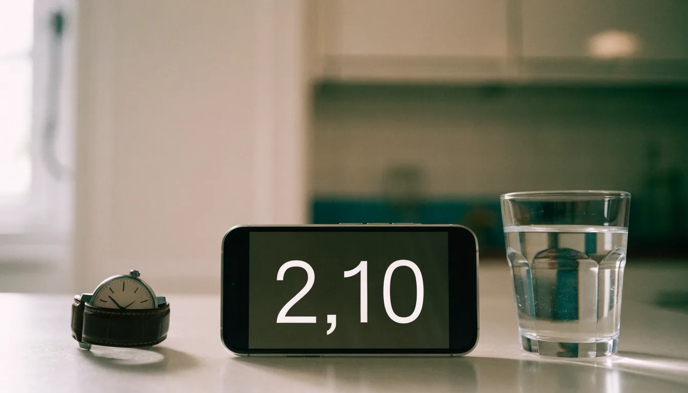 Ein Smartphone liegt mit dem Display nach unten auf einem Küchentisch, daneben stehen ein Glas Wasser und eine Armbanduhr.