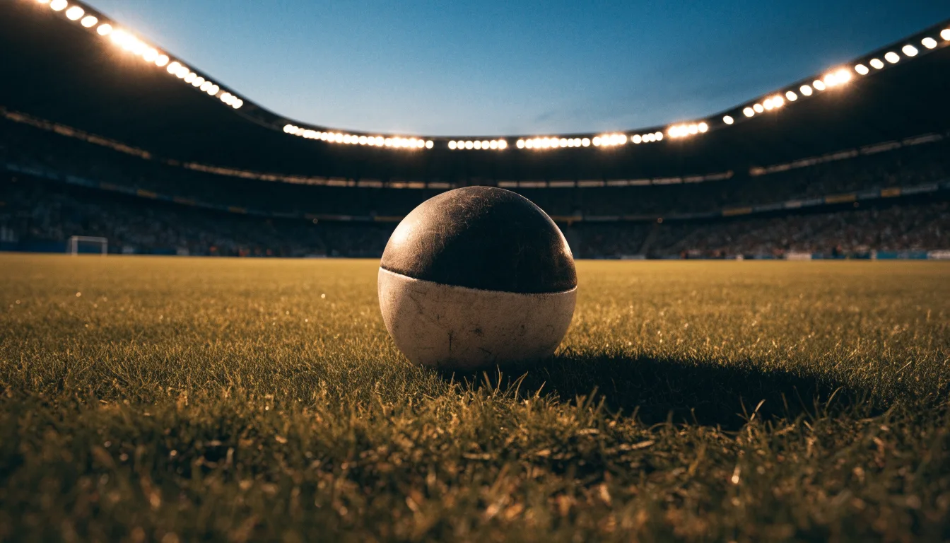 Ein Fußball liegt auf dem Rasen eines leeren Platzes, im Hintergrund ein Stadion unter Flutlicht in der Abenddämmerung.