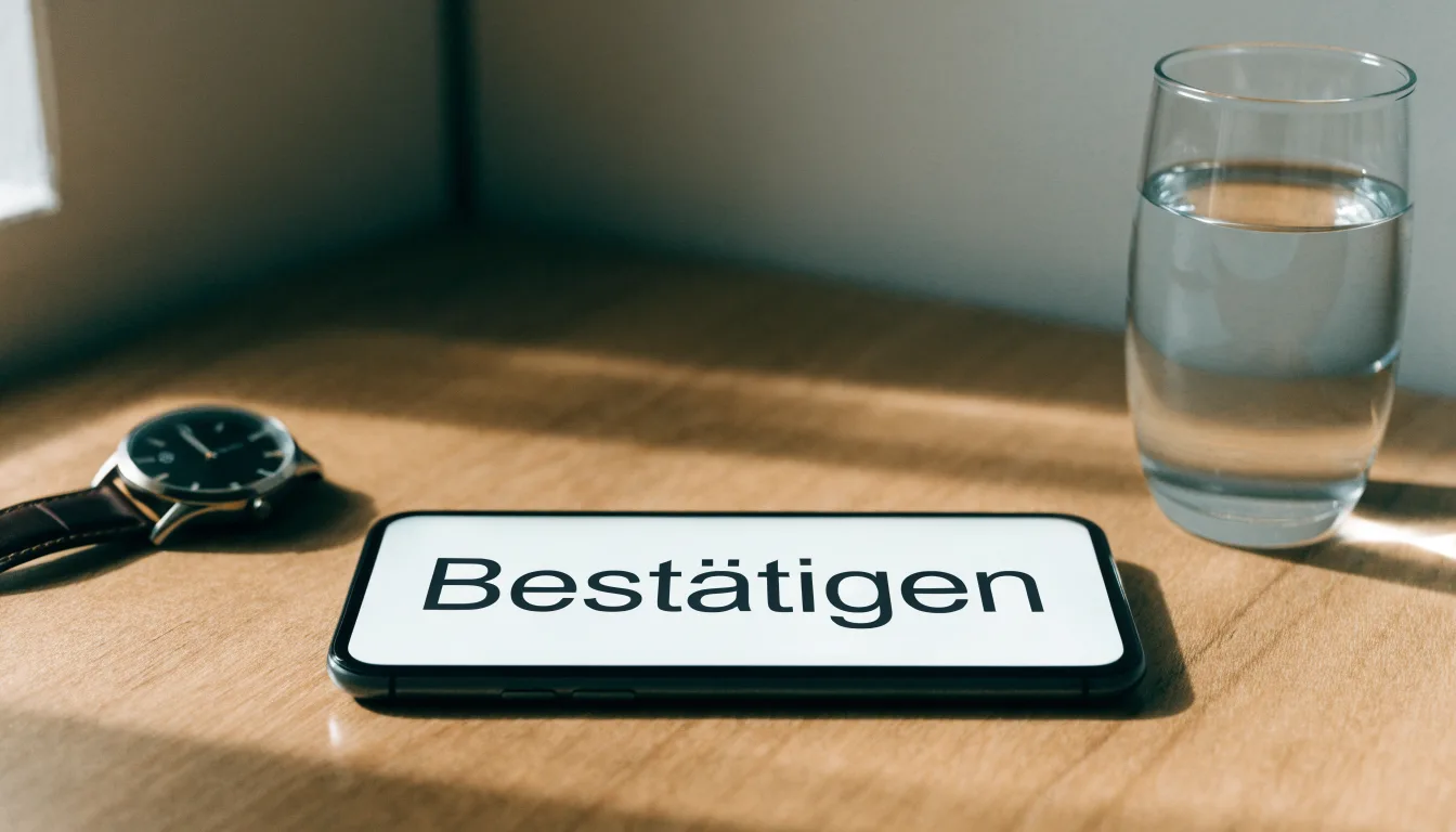 Ein Smartphone liegt mit dem Display nach unten auf einem Küchentisch, daneben stehen ein Glas Wasser und eine Armbanduhr.