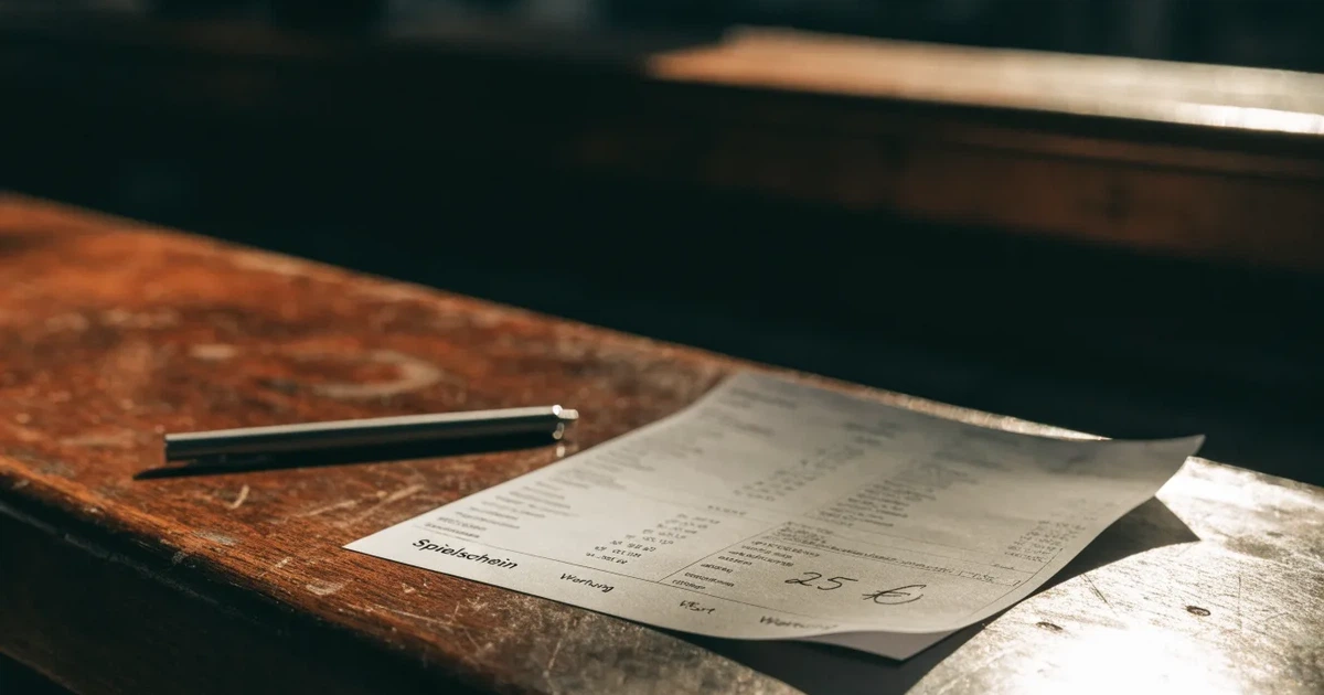 Ein leerer Wettschein aus Papier liegt neben einem Stift auf einer hölzernen Theke, weiches Licht fällt von der Seite ein.
