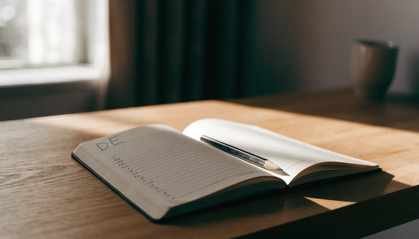 Ein Notizbuch mit handschriftlichen Notizen und ein Bleistift liegen auf einem Schreibtisch am Fenster, draußen fällt Morgenlicht herein.
