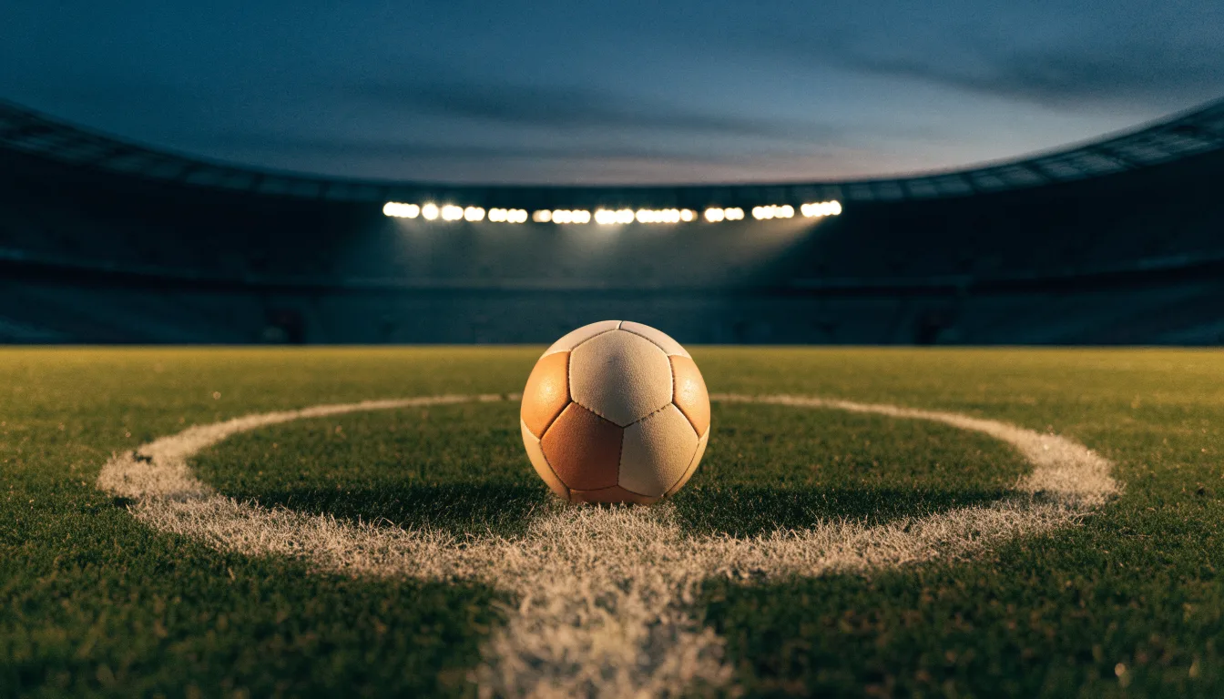 Ein Fußball liegt auf dem Anstoßpunkt eines leeren Rasenplatzes, im Hintergrund steht ein Stadion unter Flutlicht in der Dämmerung.