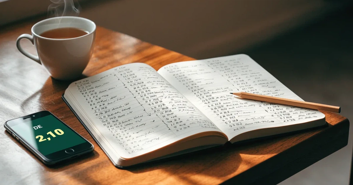 Ein Notizbuch mit handschriftlichen Notizen und Pfeilen liegt aufgeschlagen auf einem Schreibtisch, daneben ein Bleistift und eine Tasse Tee.