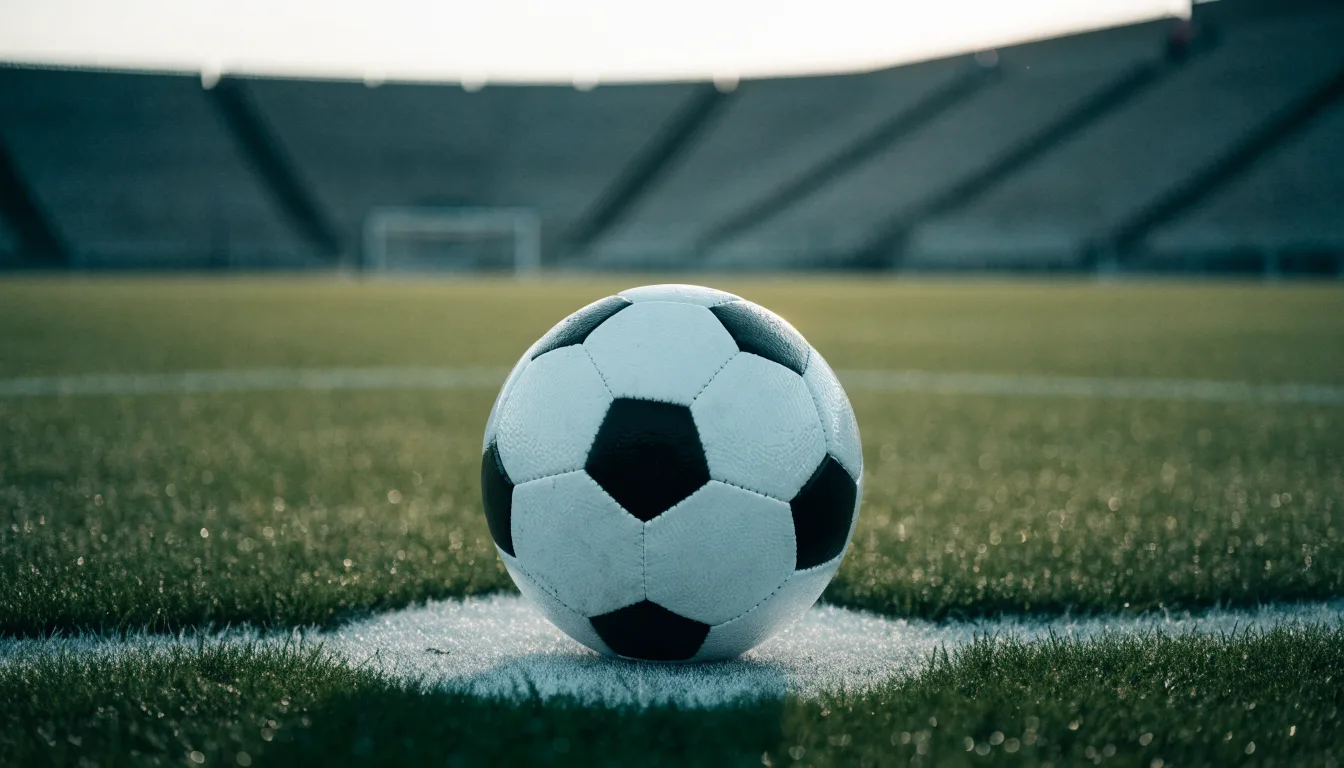 Ein Fußball liegt auf dem Anstoßpunkt eines leeren Rasenplatzes in der Morgendämmerung, im Hintergrund eine leere Tribüne.