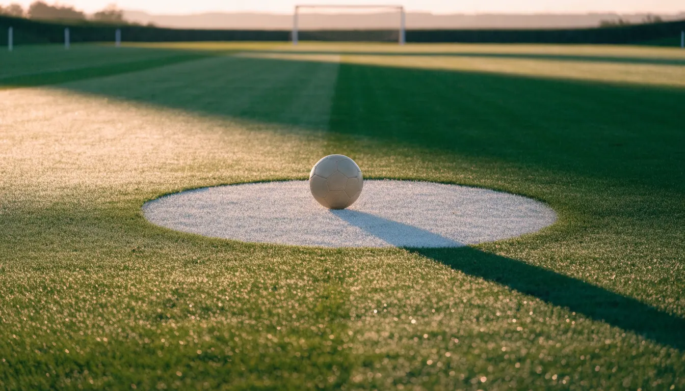 Ein Fußball ruht auf dem Mittelkreis eines leeren Rasenplatzes in der Morgendämmerung, Tau liegt auf dem Gras.