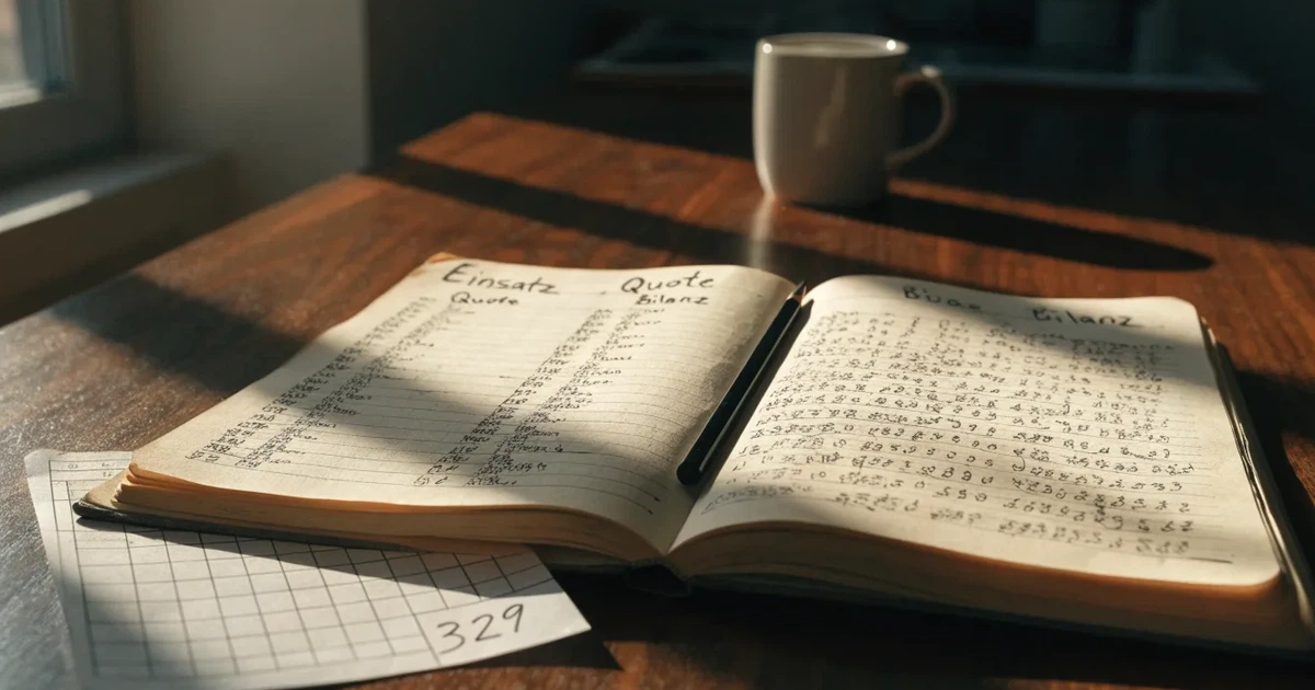 Ein Notizbuch mit handschriftlichen Spalten und Strichlisten liegt neben einem Taschenrechner und einem Bleistift auf einem Schreibtisch.