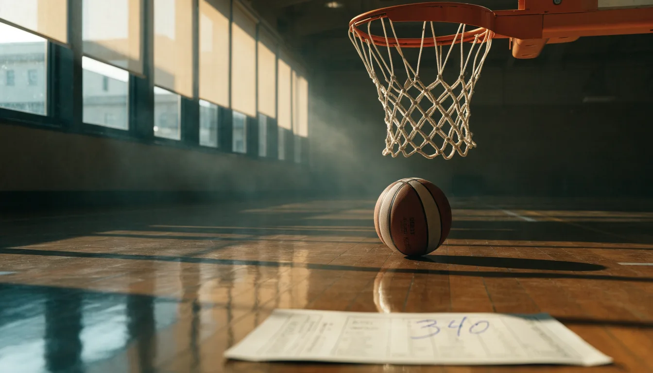 Ein Basketball liegt auf dem Hallenboden unter einem Korb, das Netz hängt ruhig, Morgenlicht fällt durch hohe Fenster.