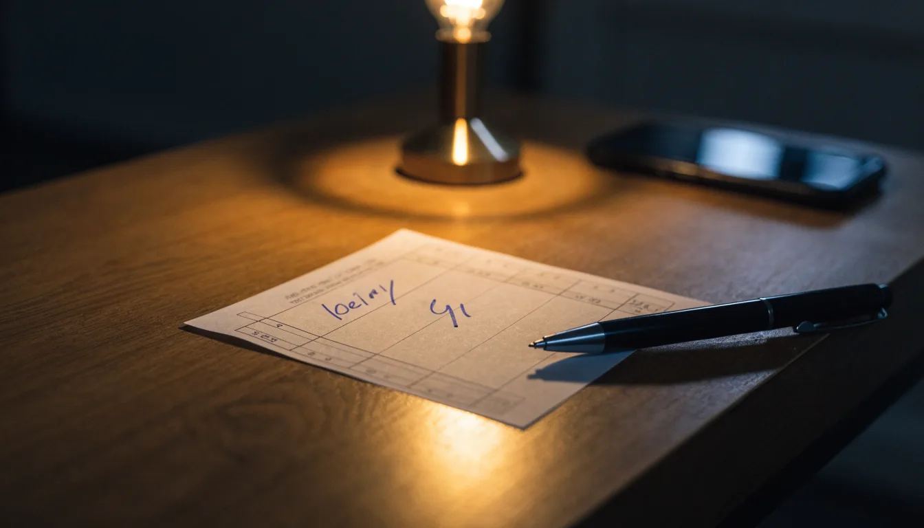 Ein leerer Wettschein aus Papier und ein Kugelschreiber liegen auf einer Tischplatte neben einer kleinen Tischlampe.