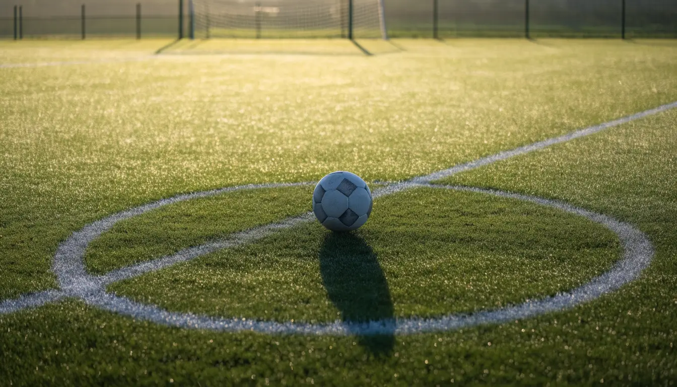 Ein Fußball liegt auf dem Anstoßkreis eines leeren Rasenplatzes im Licht der Morgensonne.