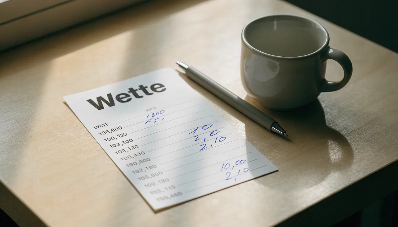 Ein leerer Wettschein aus Papier liegt neben einem Kugelschreiber und einer Tasse auf einem hellen Holztisch.