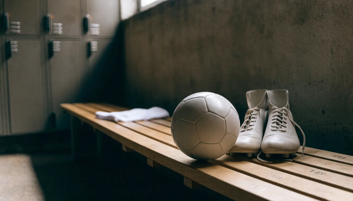 Ein Fußball liegt neben einem Paar Fußballschuhen ohne Markenzeichen auf einer Holzbank in einer leeren Umkleide.