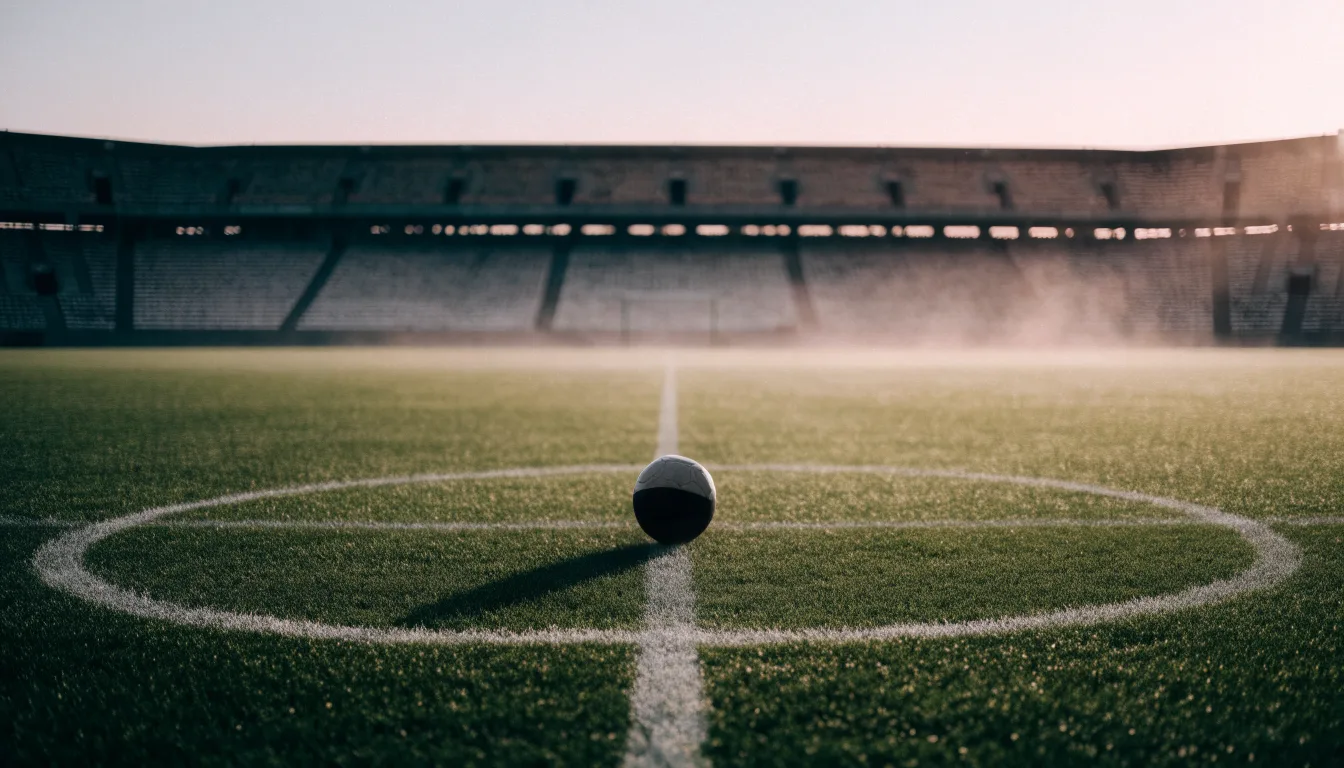 Ein Fußball liegt auf dem Anstoßpunkt eines leeren Rasenplatzes in der Morgendämmerung, im Hintergrund eine leere Tribüne.
