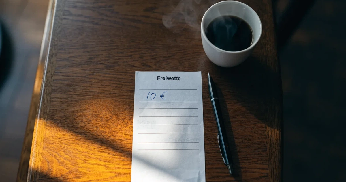Ein leerer Wettschein aus Papier liegt neben einem Kugelschreiber und einer Tasse Kaffee auf einem Tisch, Aufnahme von oben.