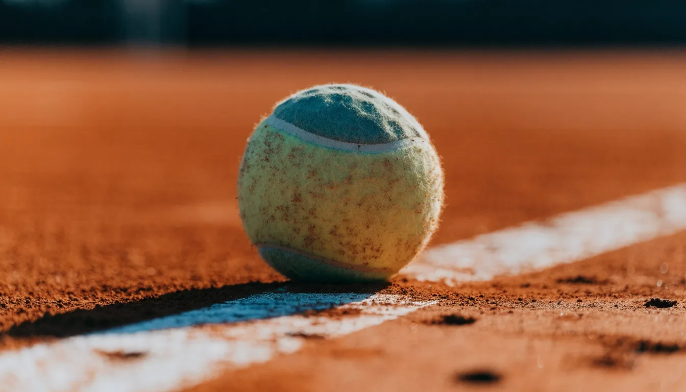 Ein einzelner Tennisball liegt auf rotem Sand neben einer weißen Linie, geringe Schärfentiefe.