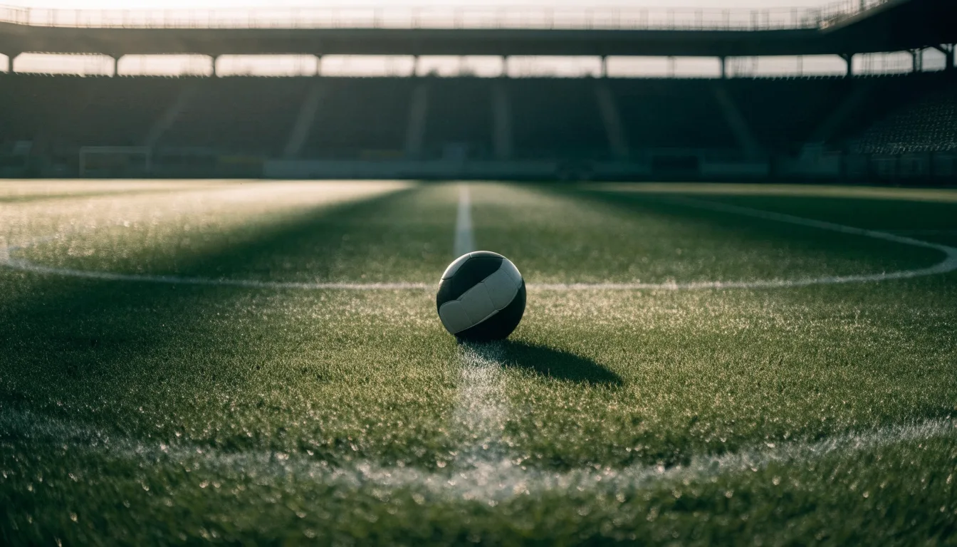 Ein Fußball liegt auf dem Anstoßpunkt eines leeren Rasenplatzes im frühen Morgenlicht, dahinter eine leere Tribüne.