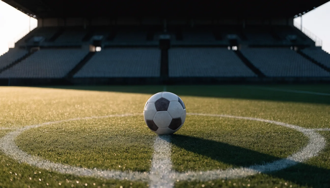 Ein Fußball liegt auf dem Anstoßpunkt eines leeren Rasenplatzes im frühen Morgenlicht, dahinter eine leere Tribüne.