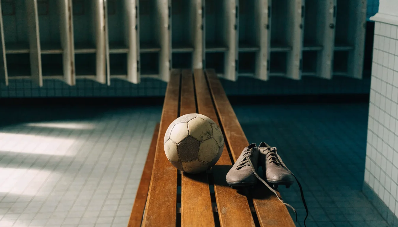 Ein Fußball liegt auf einer Holzbank in einer leeren Umkleide neben einem Paar Fußballschuhen ohne Markenzeichen.