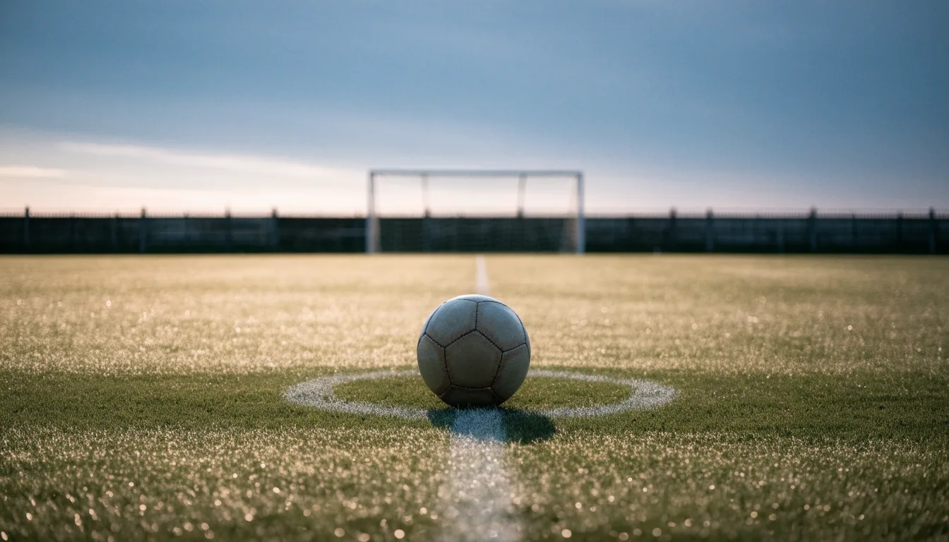 Ein Fußball ruht auf dem Mittelkreis eines leeren Rasenplatzes in der Morgendämmerung, Tau liegt auf dem Gras.