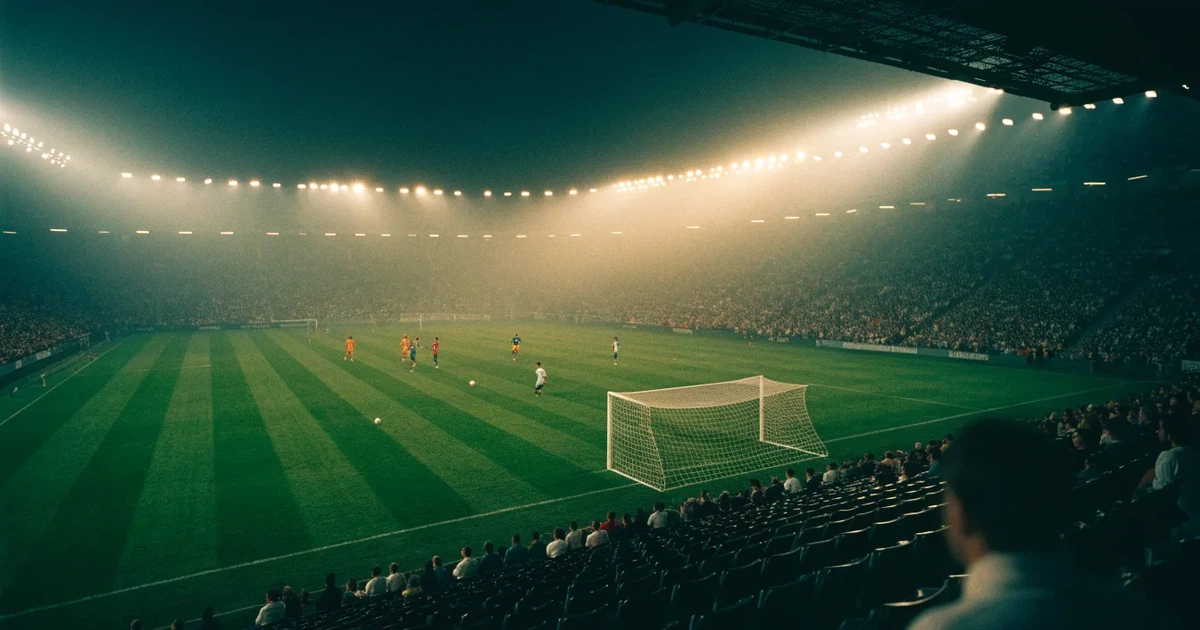 Ein Stadion bei Nacht unter Flutlicht aus der Ferne gesehen, der Rasen ist hell erleuchtet, keine erkennbaren Personen.