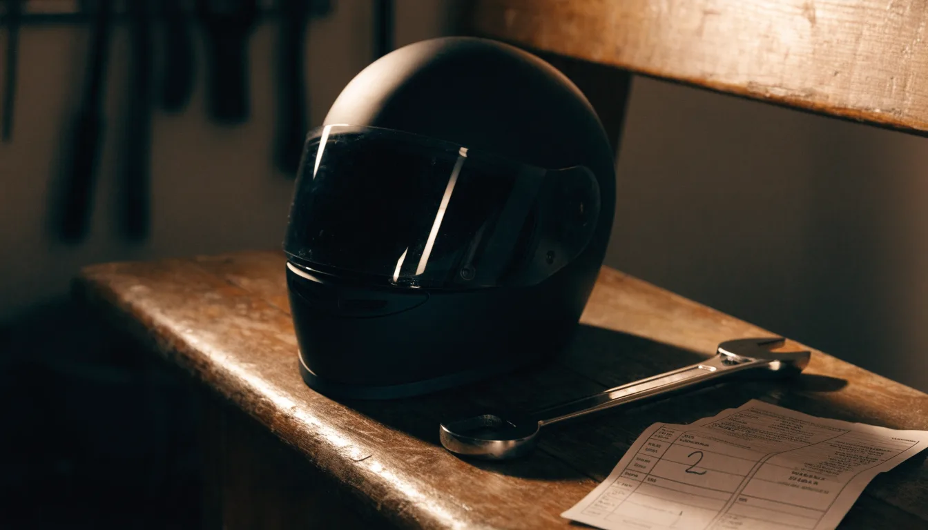 Ein schwarzer Motorradhelm ohne Aufdruck liegt auf einer Werkbank neben einem Schraubenschlüssel, warmes Licht einer Werkstatt.