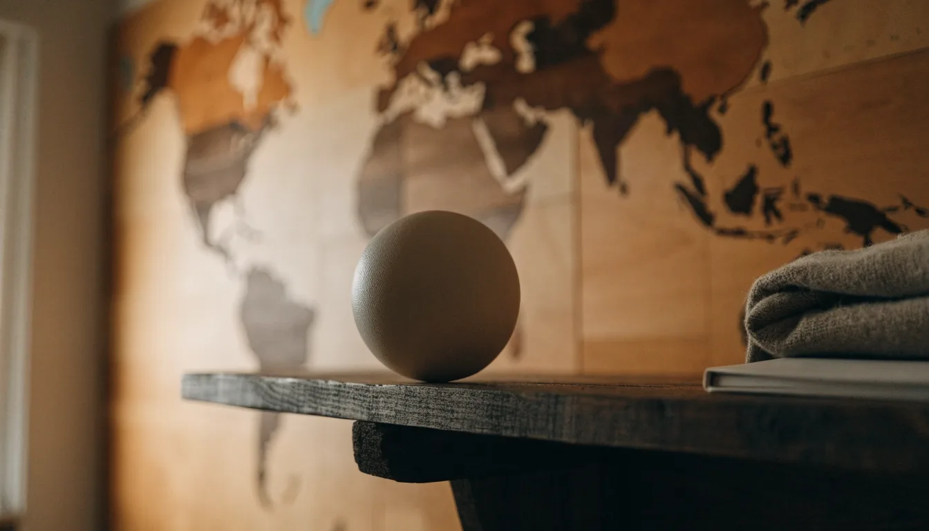 Eine Weltkarte aus Holz hängt an einer Wand, davor liegt ein Fußball auf einem Regal, ohne erkennbare Beschriftung.