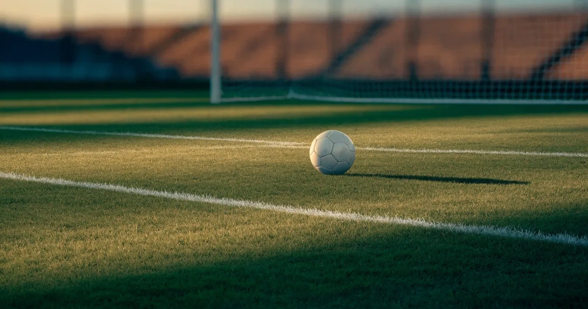Ein Fußballplatz mit frisch gemähtem Rasen im Abendlicht, ein Ball liegt im Strafraum, im Hintergrund unscharf eine leere Tribüne.