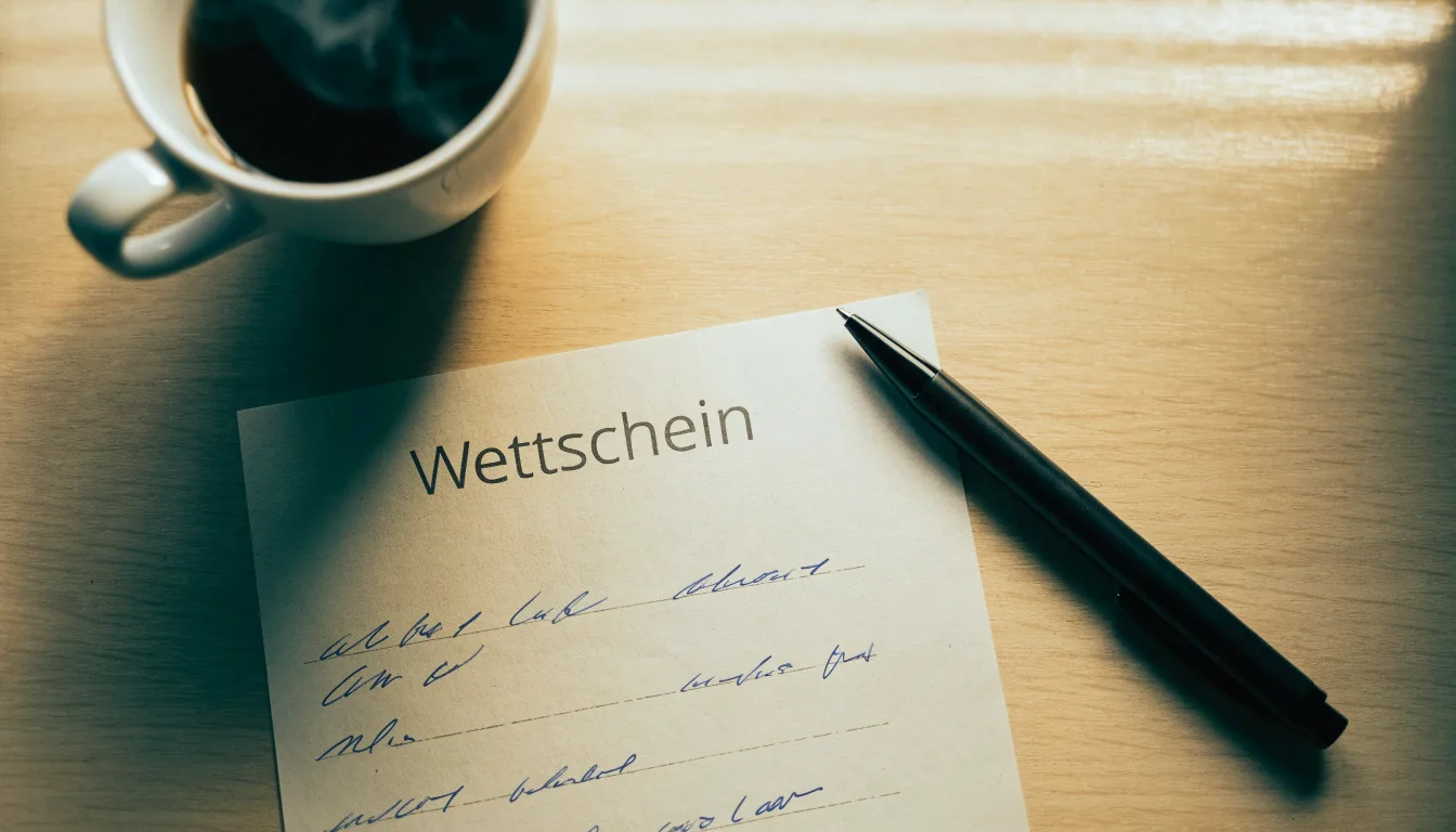 Ein leerer Wettschein aus Papier liegt neben einem Kugelschreiber und einer Tasse Kaffee auf einem Holztisch, Aufnahme von oben.