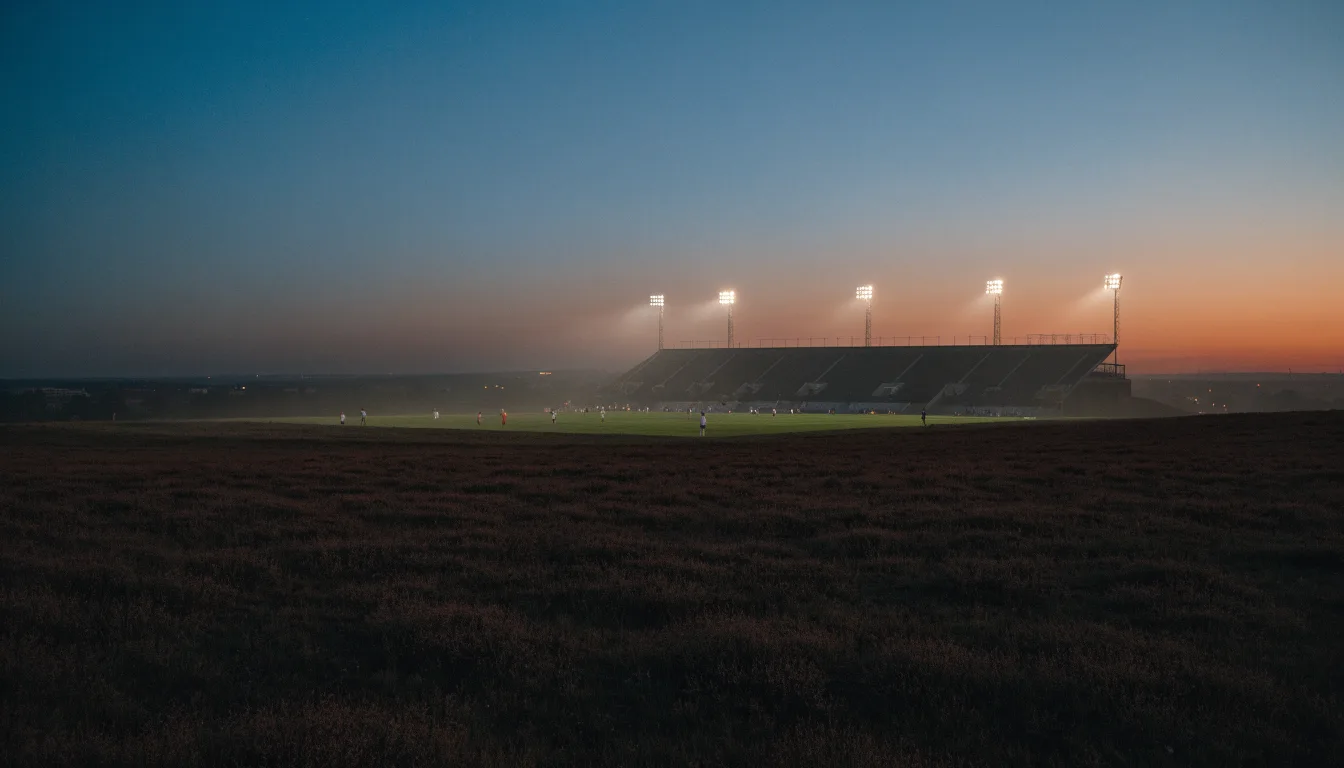 Ein großes Stadion unter Flutlicht, aus der Ferne über eine dunkle Wiese gesehen, die Lichtmasten spiegeln sich im Dunst der Abenddämmerung.