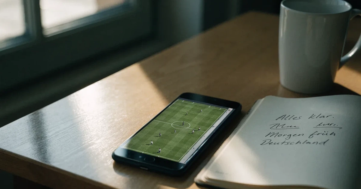 Ein Smartphone mit dunklem Display liegt neben einem Notizbuch mit handschriftlichen Notizen auf einem hellen Holztisch, daneben eine Tasse Kaffee im Morgenlicht.